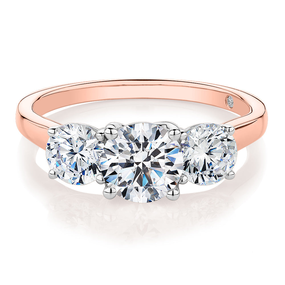 Signature Simulant Diamond 2.00 carat* TW round brilliant cut three stone engagement ring in 10 carat rose and white gold