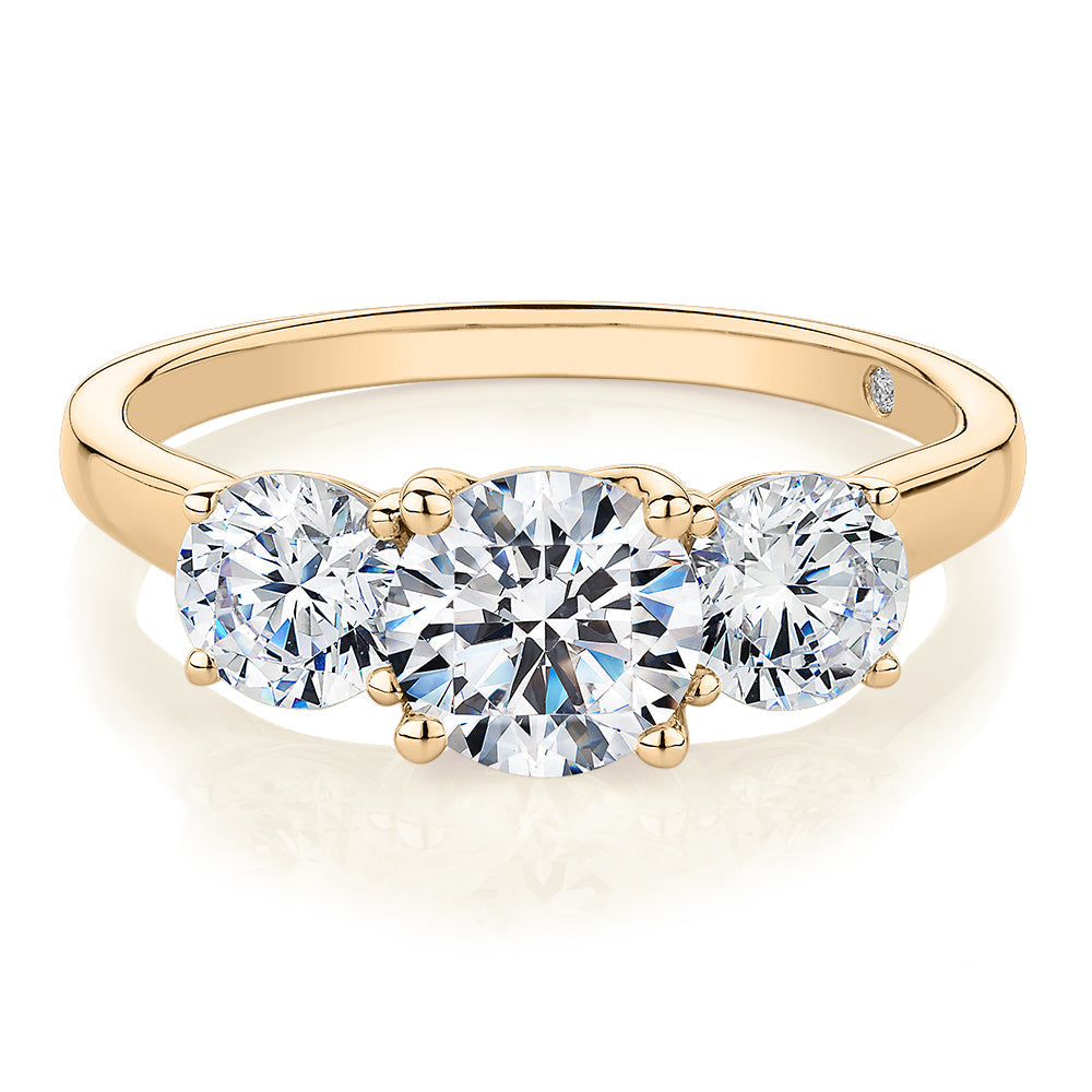 Signature Simulant Diamond 2.00 carat* TW round brilliant cut three stone engagement ring in 10 carat yellow gold