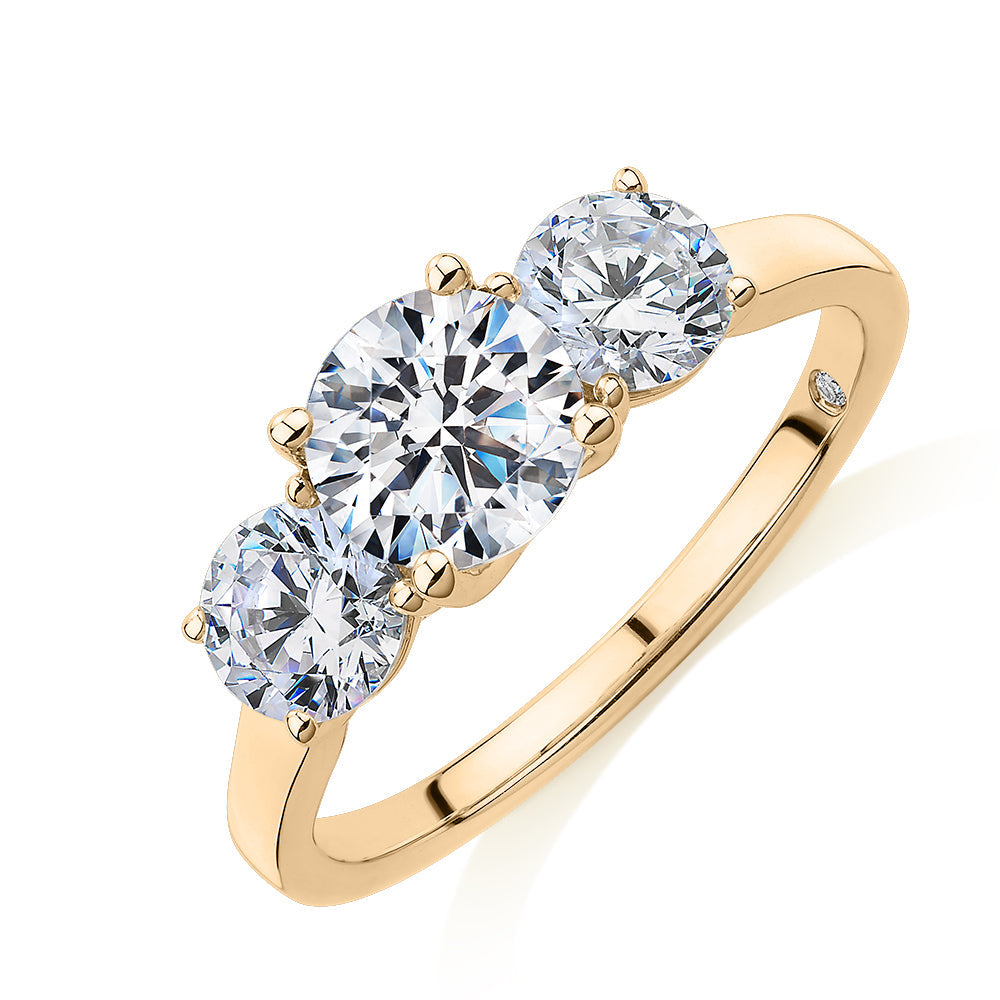 Signature Simulant Diamond 2.00 carat* TW round brilliant cut three stone engagement ring in 10 carat yellow gold