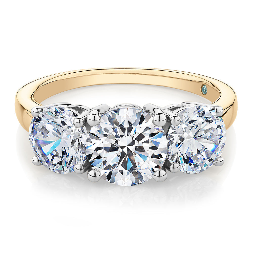 Premium Certified Lab-Grown Diamond 3.70 carat TW round brilliant cut three stone engagement ring in 10 carat yellow and white gold