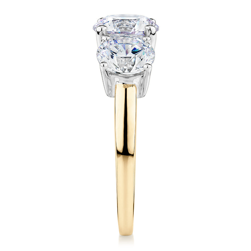 Premium Certified Lab-Grown Diamond 3.70 carat TW round brilliant cut three stone engagement ring in 10 carat yellow and white gold