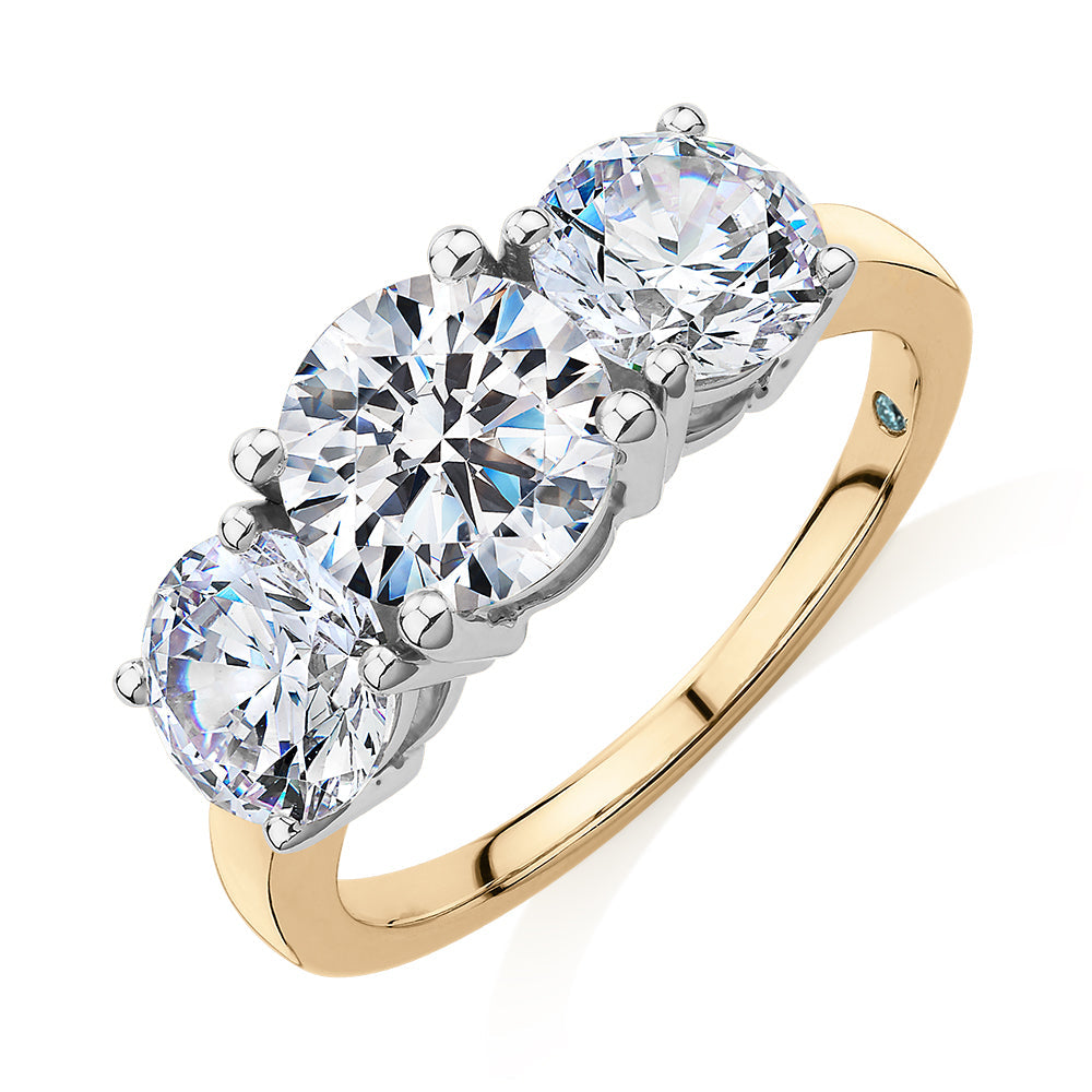 Premium Certified Lab-Grown Diamond 3.70 carat TW round brilliant cut three stone engagement ring in 10 carat yellow and white gold