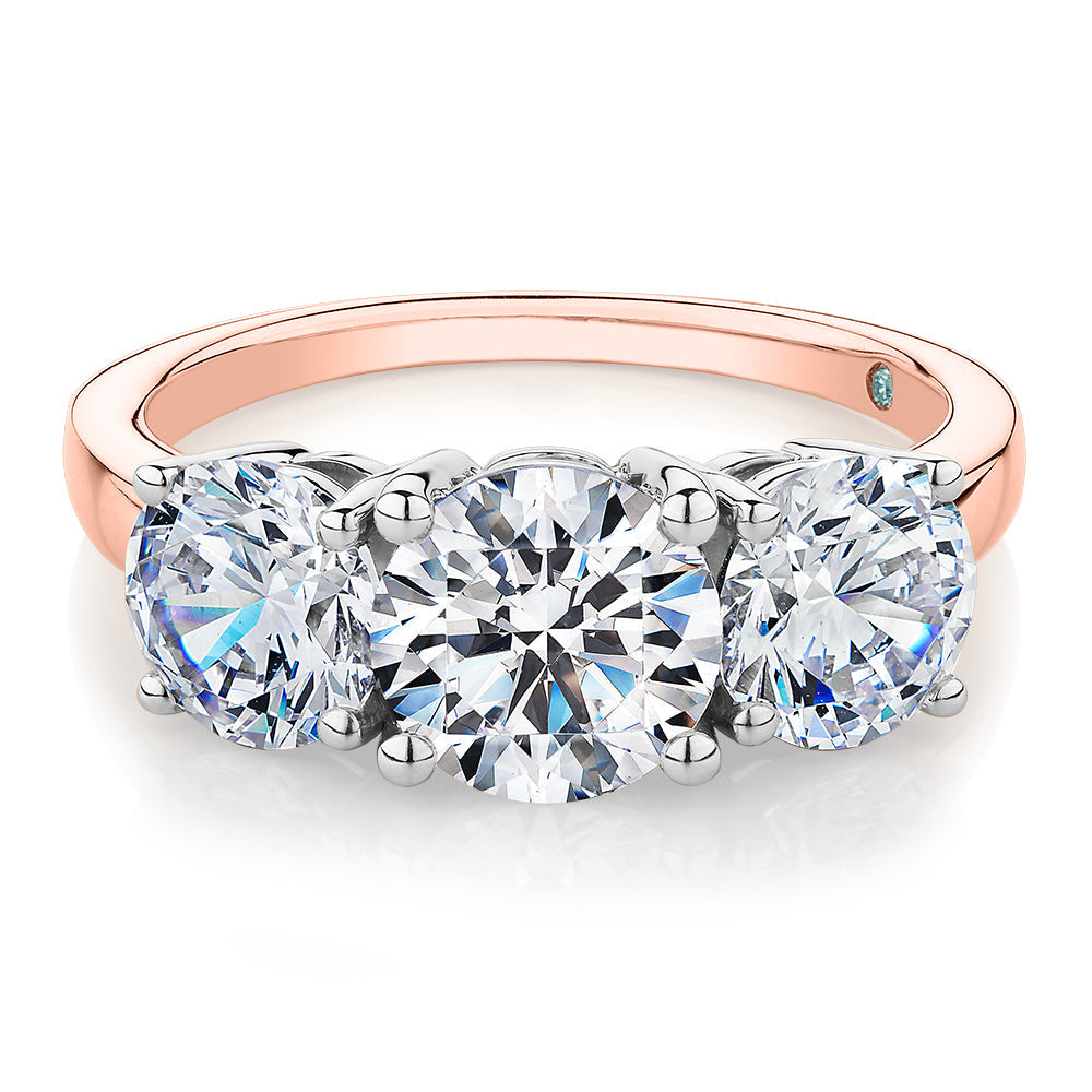 Premium Certified Lab-Grown Diamond 3.70 carat TW round brilliant cut three stone engagement ring in 10 carat rose and white gold
