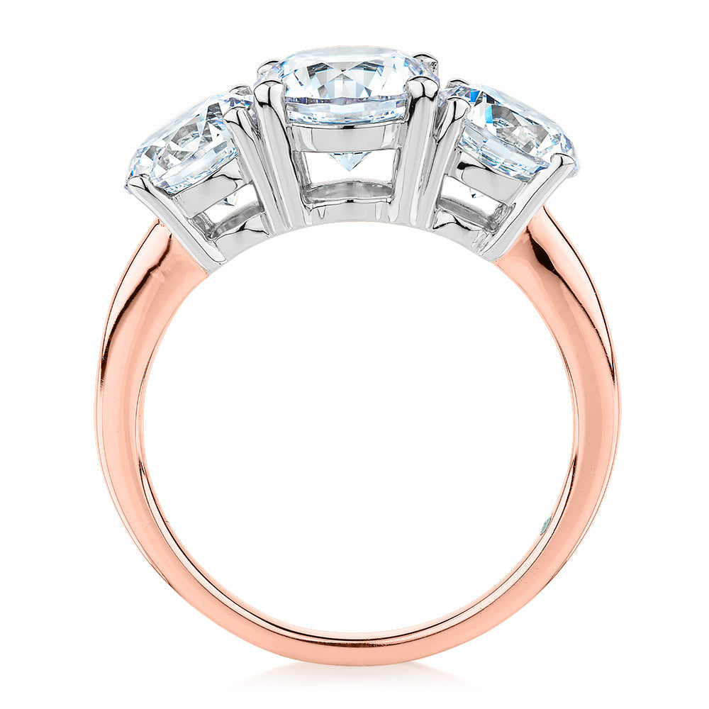 Premium Certified Lab-Grown Diamond 3.70 carat TW round brilliant cut three stone engagement ring in 10 carat rose and white gold