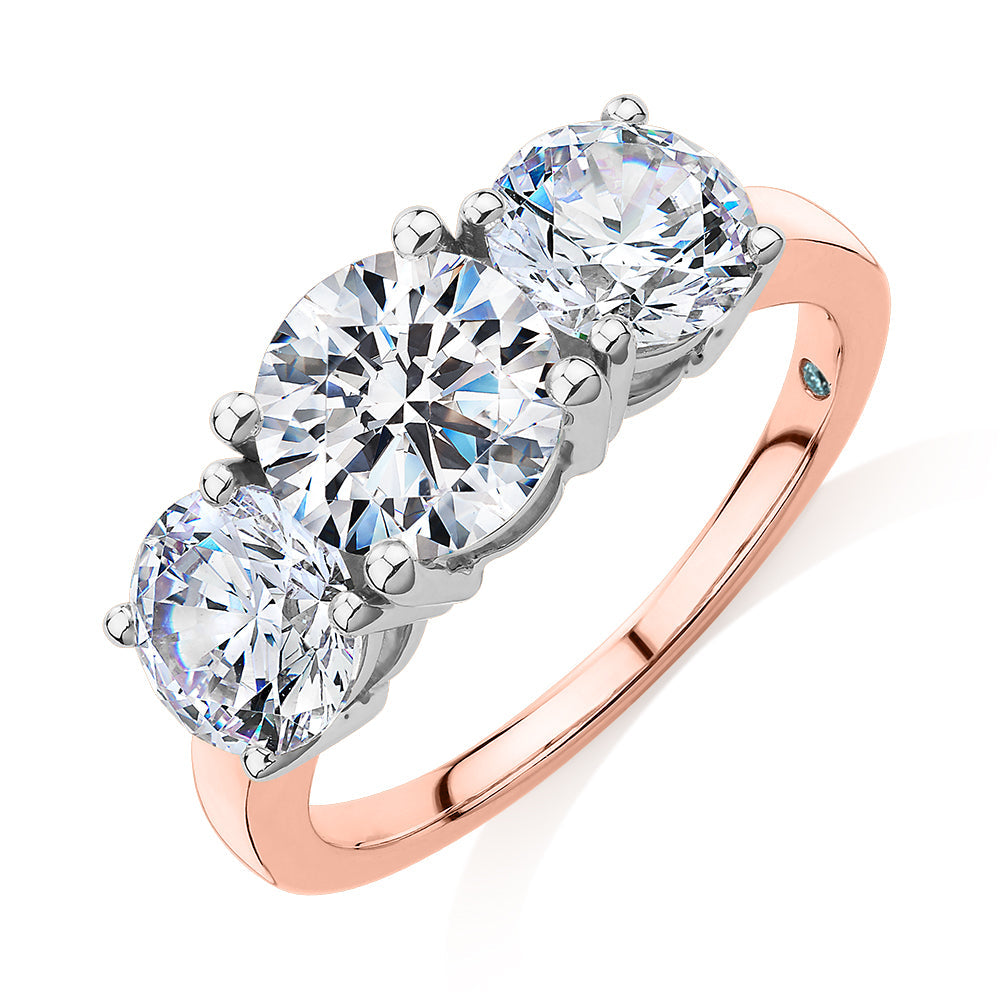 Premium Certified Lab-Grown Diamond 3.70 carat TW round brilliant cut three stone engagement ring in 10 carat rose and white gold