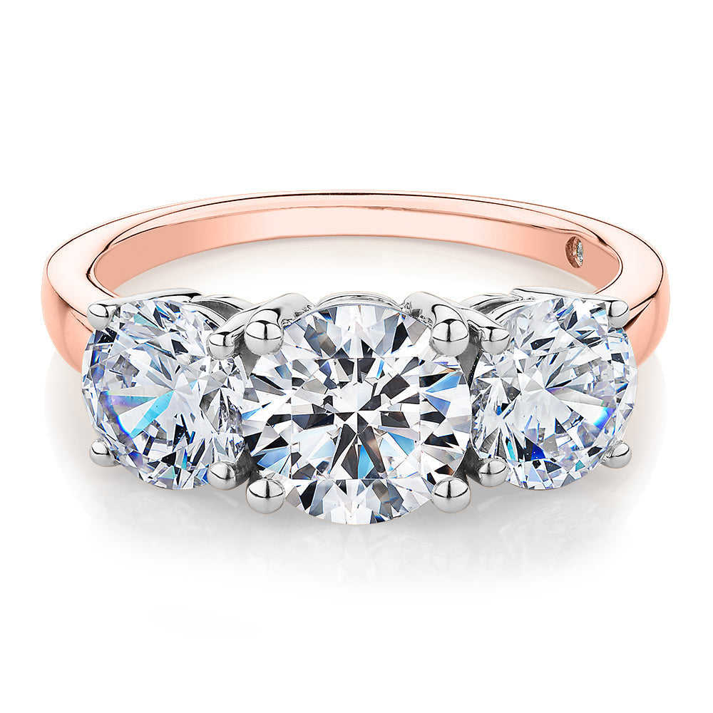 Signature Simulant Diamond 3.70 carat* TW round brilliant cut three stone engagement ring in 10 carat rose white gold