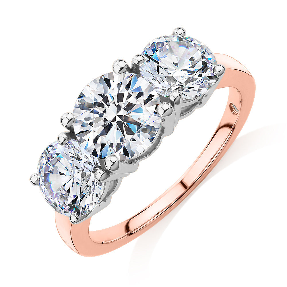 Signature Simulant Diamond 3.70 carat* TW round brilliant cut three stone engagement ring in 10 carat rose white gold