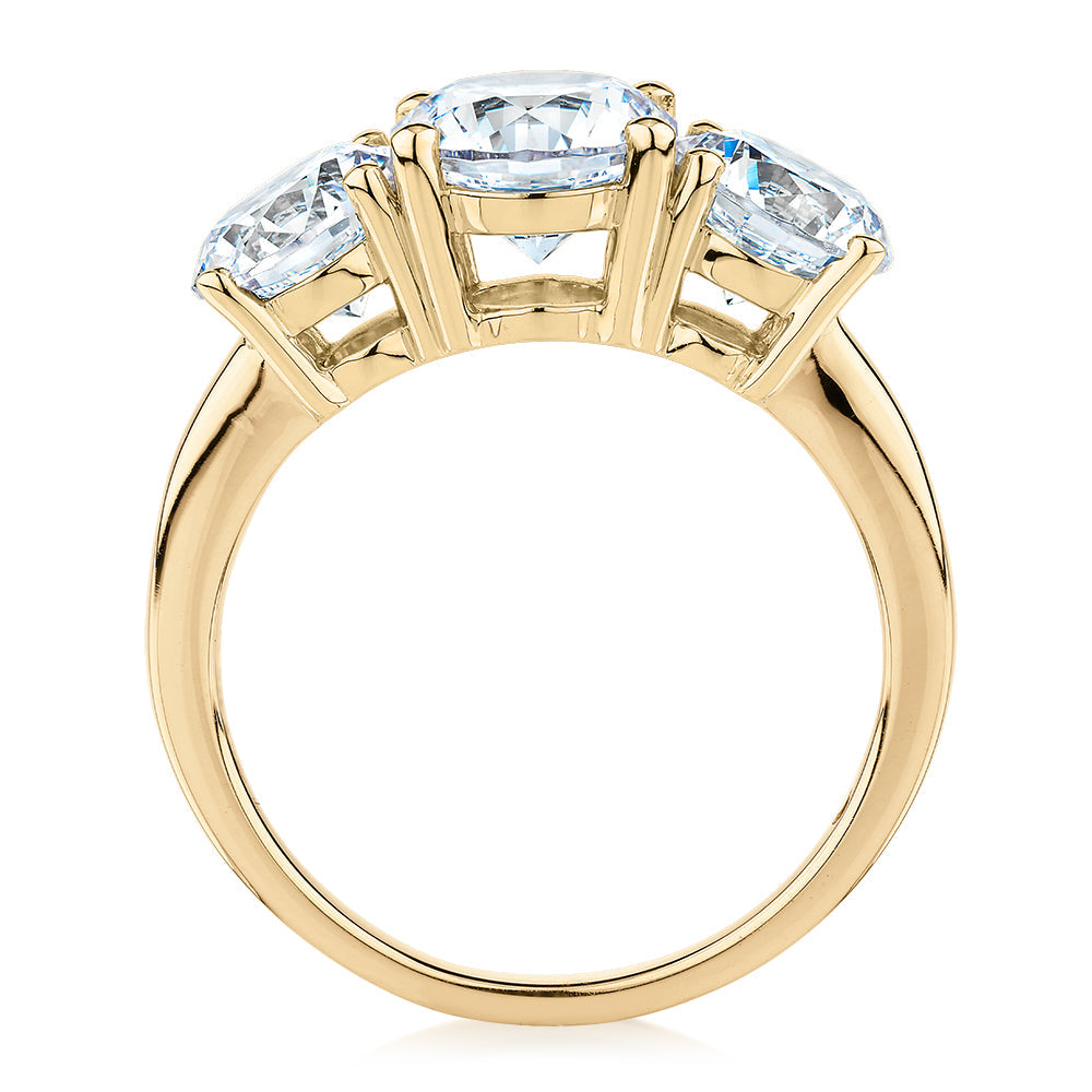 Signature Simulant Diamond 3.70 carat* TW round brilliant cut three stone engagement ring in 10 carat yellow gold