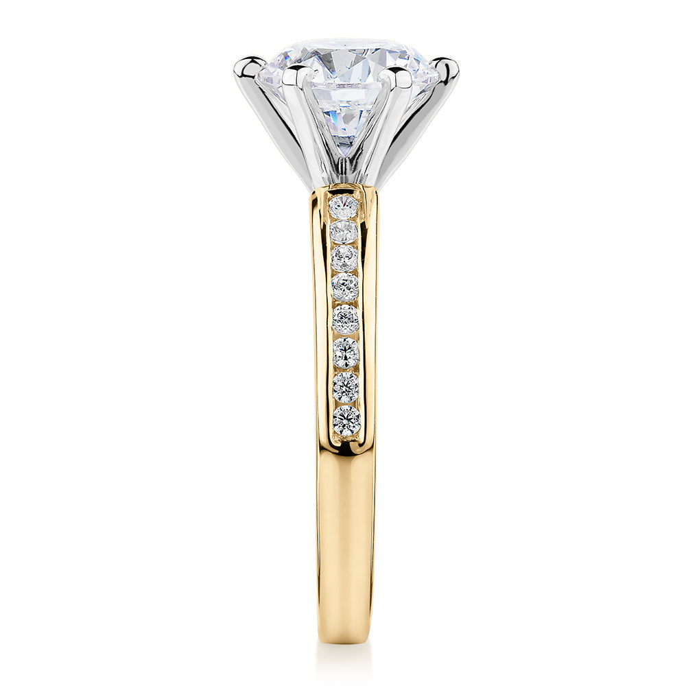 Premium Certified Lab-Grown Diamond 2.17 carat TW round brilliant shouldered engagement ring in 14 carat yellow and white gold