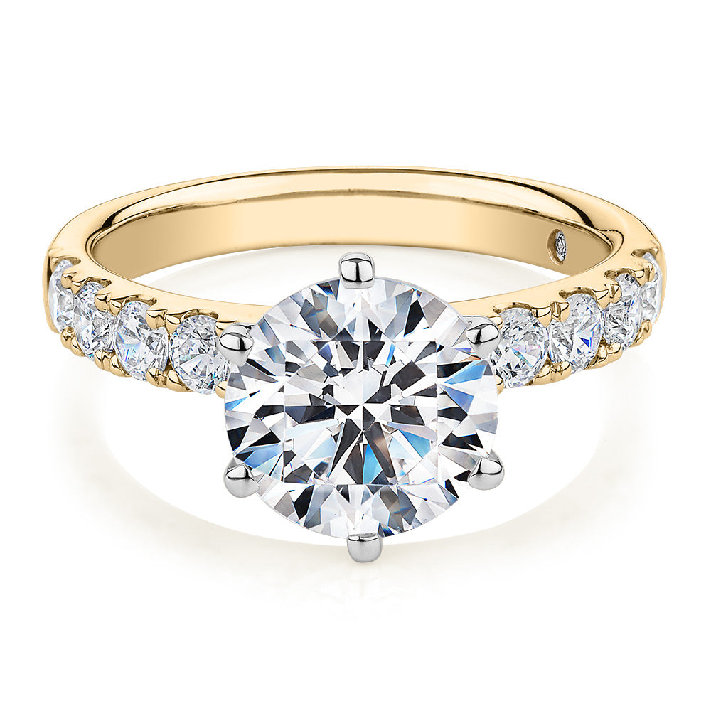 Signature Simulant Diamond 3.62 carat* TW round brilliant shouldered engagement ring in 10 carat yellow and white gold