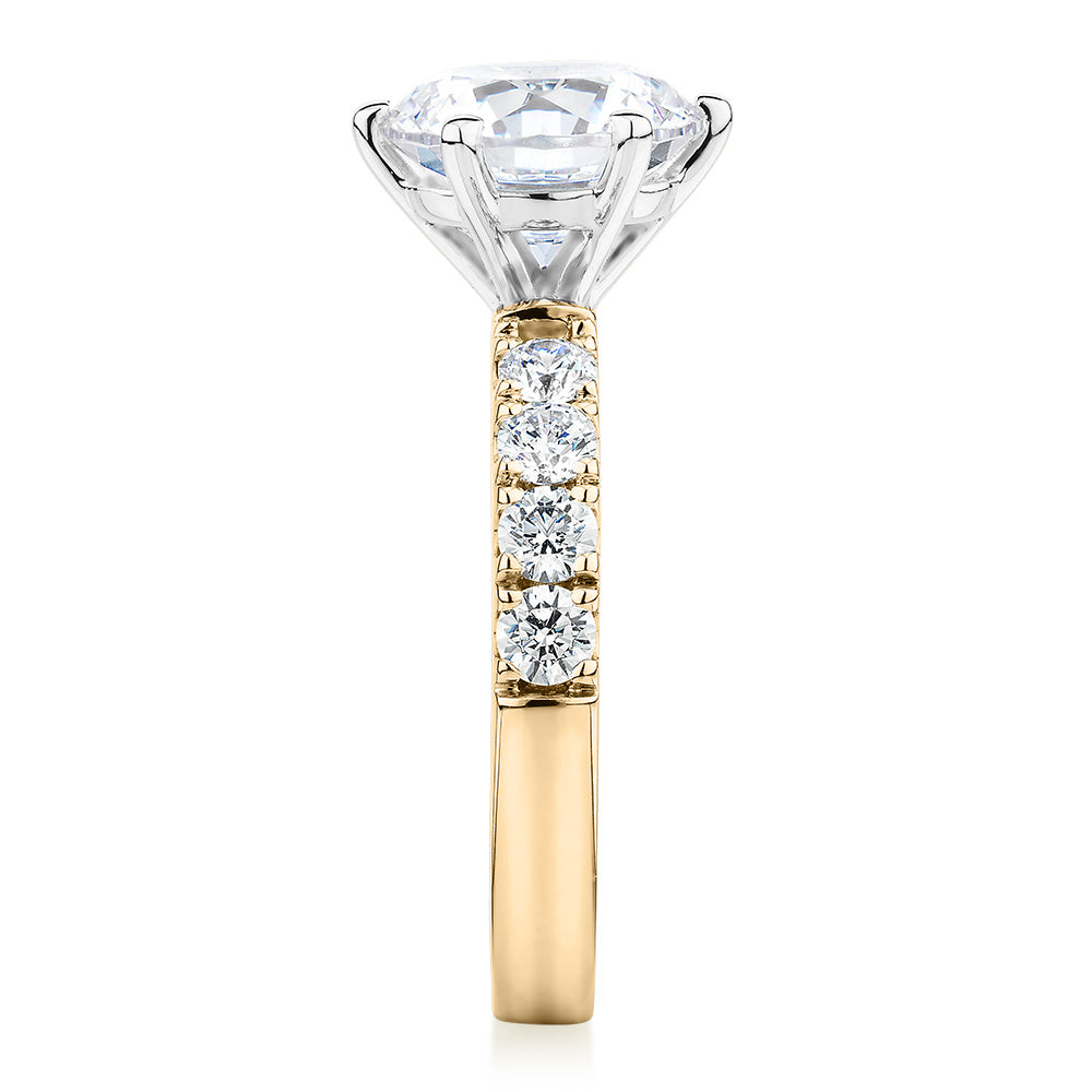 Signature Simulant Diamond 3.62 carat* TW round brilliant shouldered engagement ring in 10 carat yellow and white gold