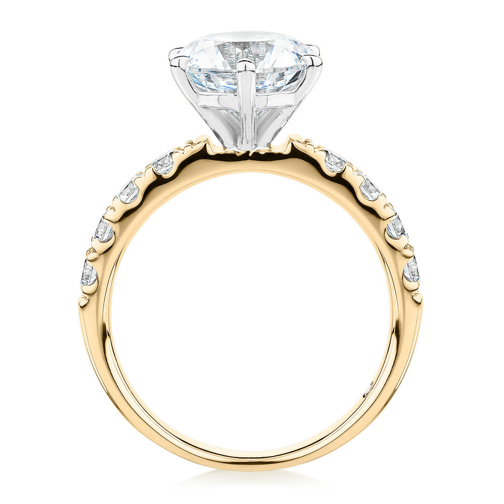 Signature Simulant Diamond 3.62 carat* TW round brilliant shouldered engagement ring in 10 carat yellow and white gold