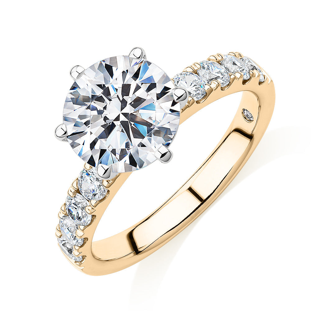 Signature Simulant Diamond 3.62 carat* TW round brilliant shouldered engagement ring in 10 carat yellow and white gold