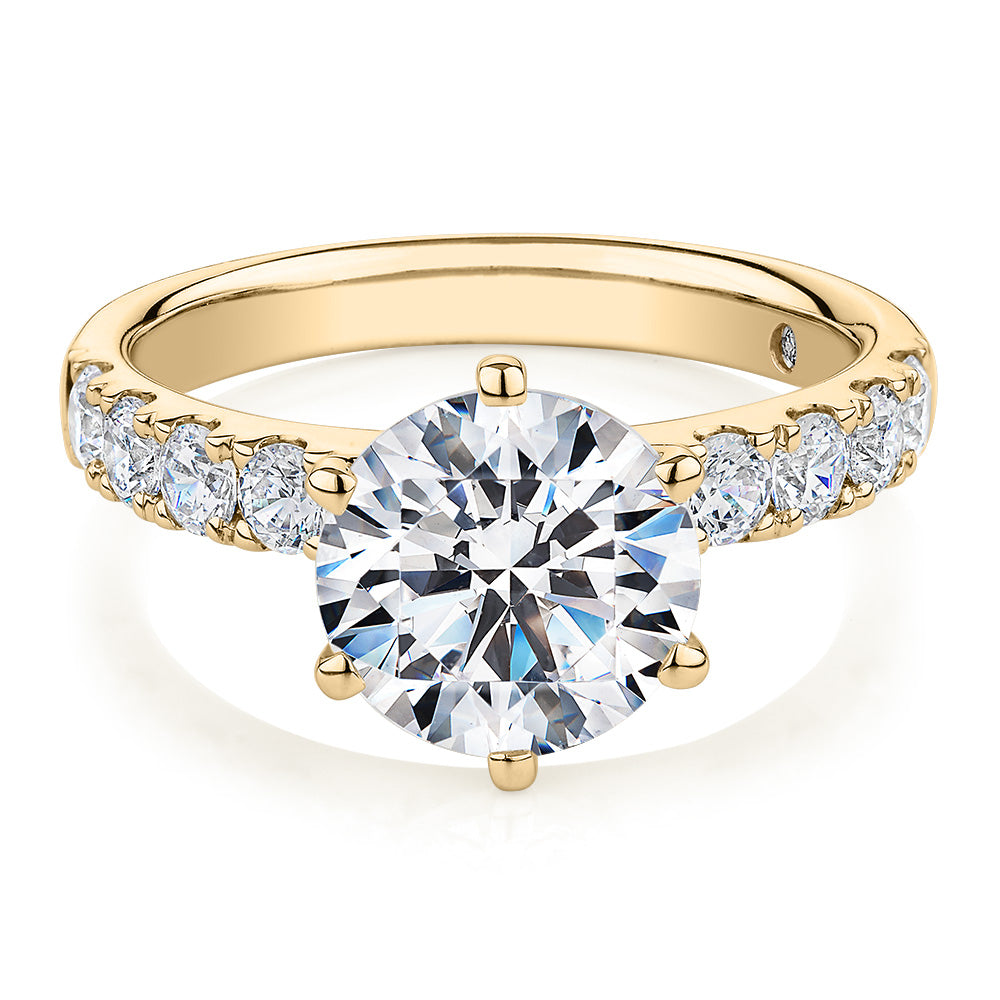 Signature Simulant Diamond 3.62 carat* TW round brilliant shouldered engagement ring in 10 carat yellow gold