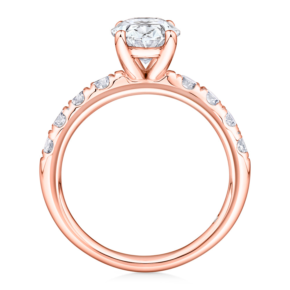 Lab-Grown Simulant, 2.62 carat*TW oval and round brilliant shouldered solitaire engagement ring in 10 carat rose gold