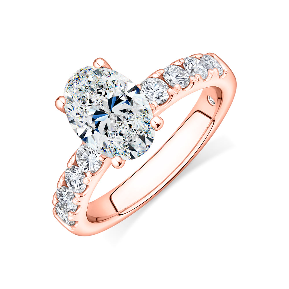 Lab-Grown Simulant, 2.62 carat*TW oval and round brilliant shouldered solitaire engagement ring in 10 carat rose gold