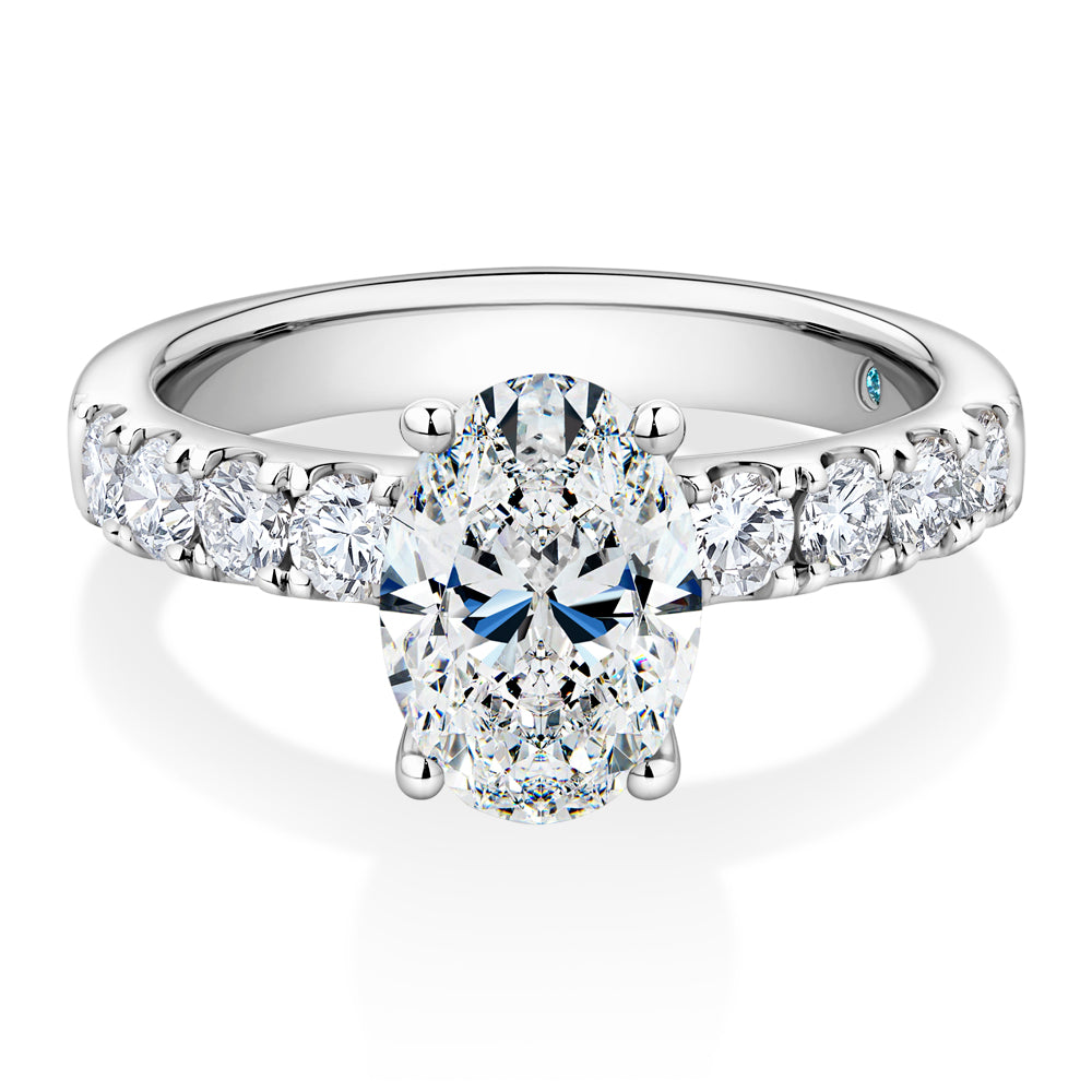 Certified Lab-Grown Diamond, 2.62 carat TW oval and round brilliant shouldered solitaire engagement ring in 14 carat white gold