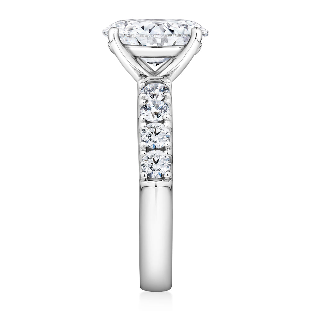 Certified Lab-Grown Diamond, 2.62 carat TW oval and round brilliant shouldered solitaire engagement ring in 14 carat white gold