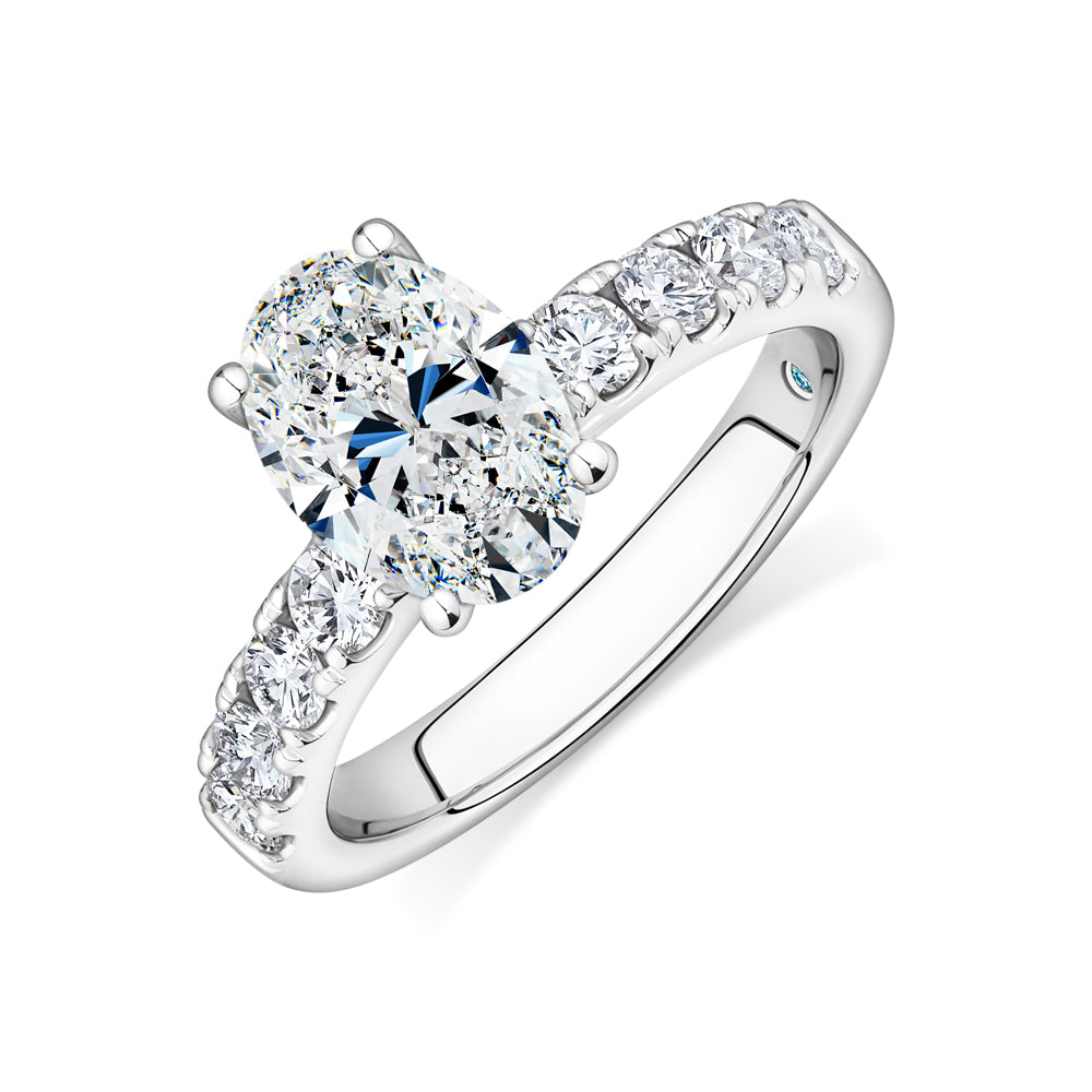 Certified Lab-Grown Diamond, 2.62 carat TW oval and round brilliant shouldered solitaire engagement ring in 14 carat white gold