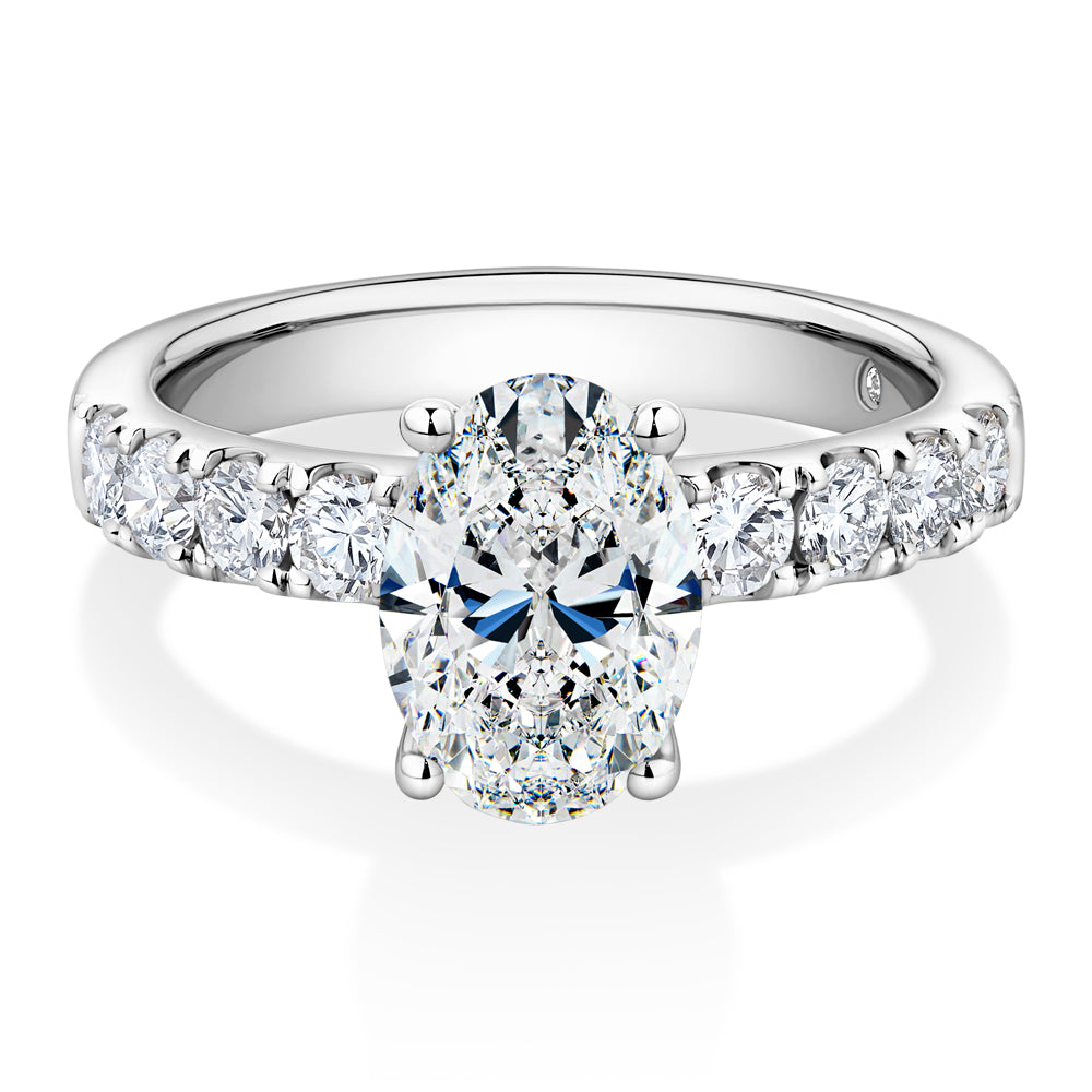 Lab-Grown Simulant, 2.62 carat*TW oval and round brilliant shouldered solitaire engagement ring in 10 carat white gold