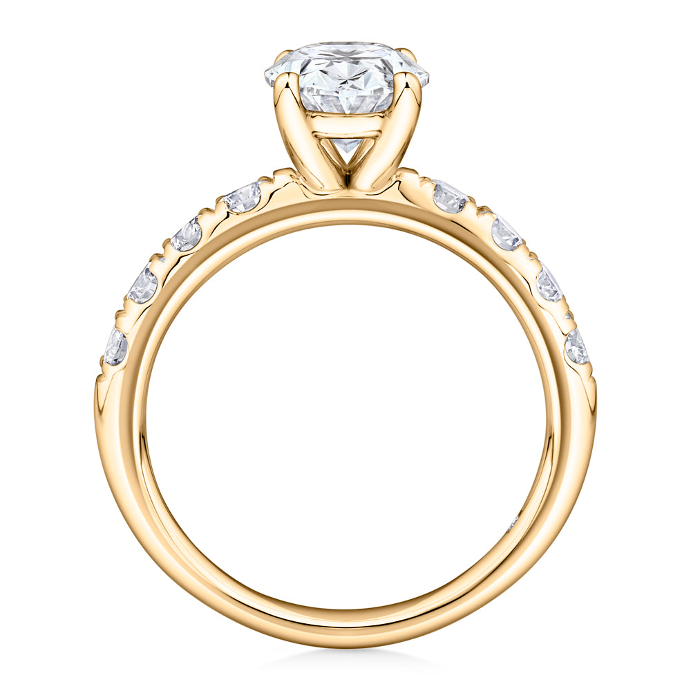 Lab-Grown Simulant, 2.62 carat*TW oval and round brilliant shouldered solitaire engagement ring in 10 carat yellow gold