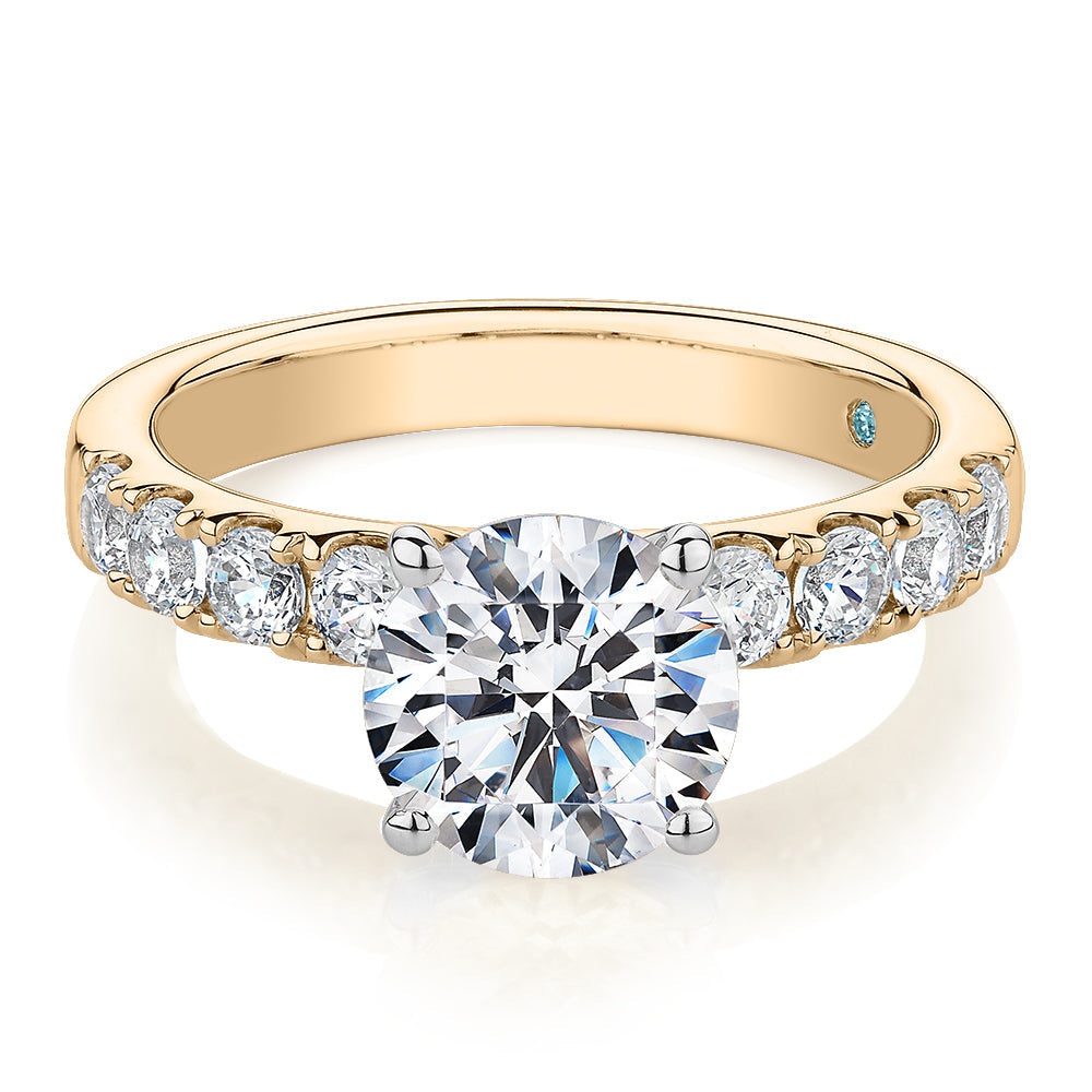 Premium Certified Lab-Grown Diamond 2.62 carat TW round brilliant shouldered engagement ring in 14 carat yellow and white gold