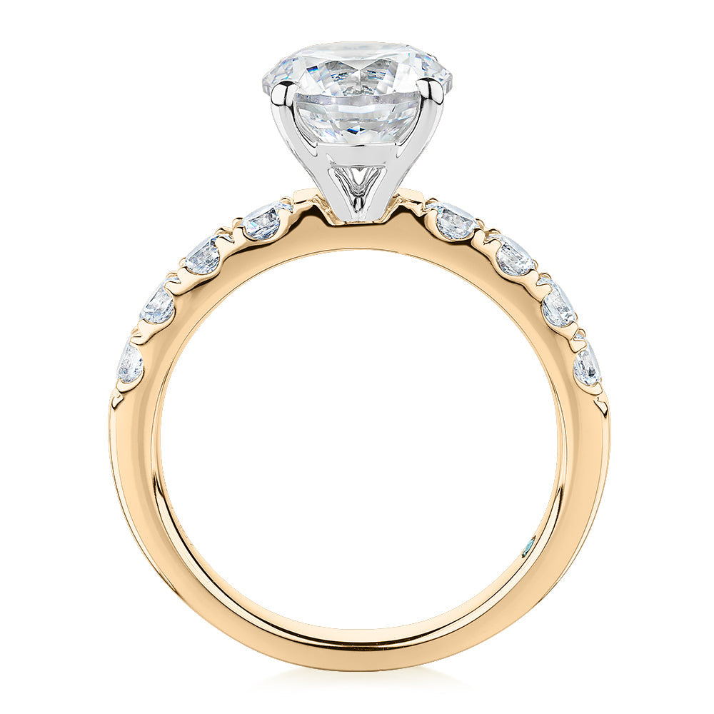 Premium Certified Lab-Grown Diamond 2.62 carat TW round brilliant shouldered engagement ring in 14 carat yellow and white gold