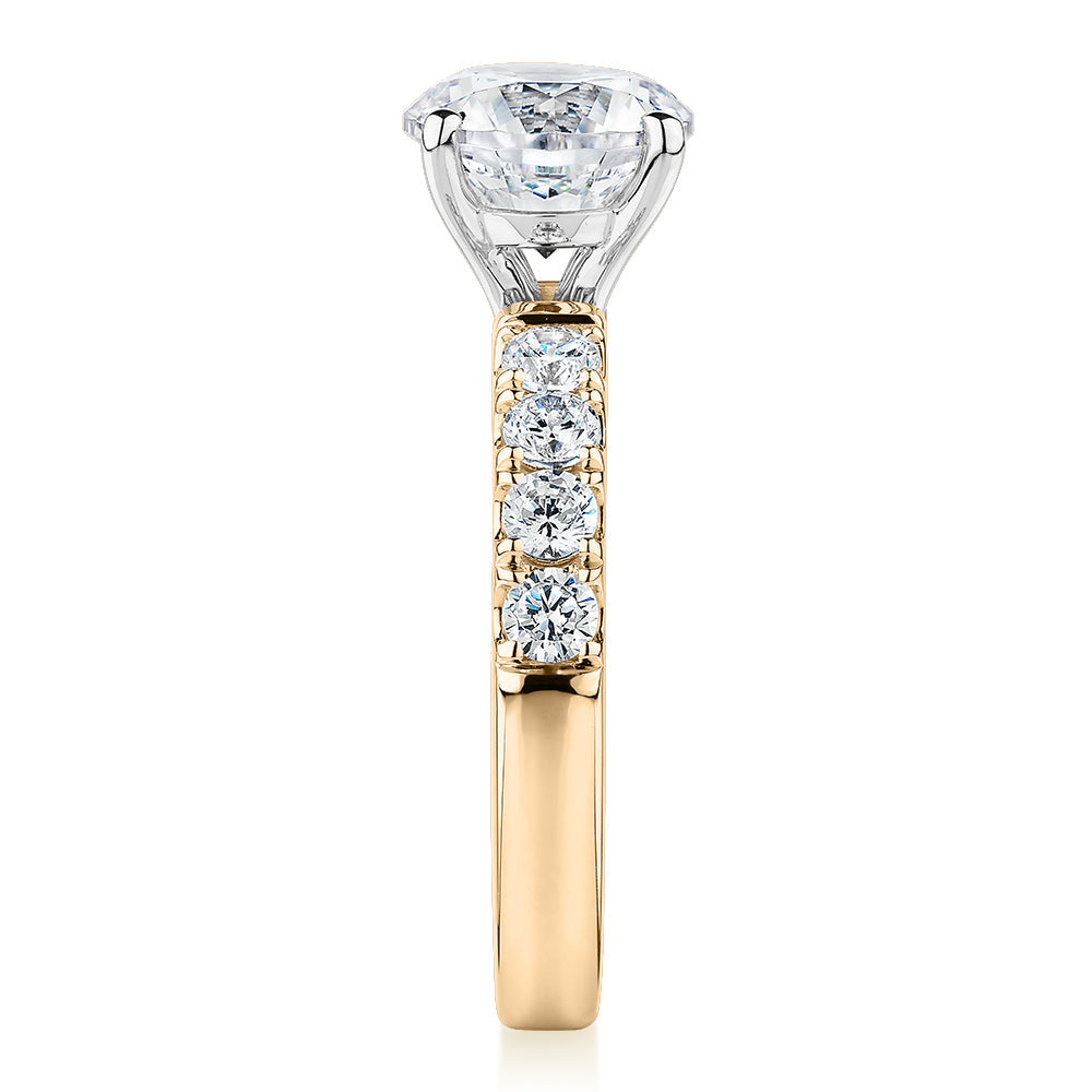 Signature Simulant Diamond 2.62 carat* TW round brilliant shouldered engagement ring in 10 carat yellow and white gold