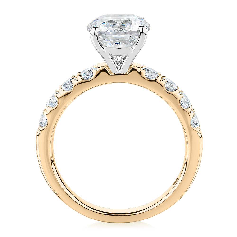 Signature Simulant Diamond 2.62 carat* TW round brilliant shouldered engagement ring in 10 carat yellow and white gold