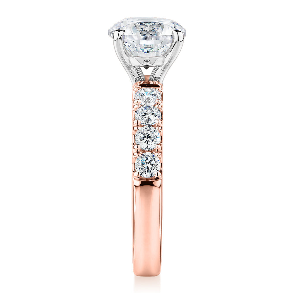Signature Simulant Diamond 2.62 carat* TW round brilliant shouldered engagement ring in 10 carat rose and white gold
