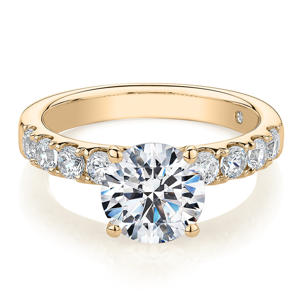 Signature Simulant Diamond 2.62 carat* TW round brilliant shouldered engagement ring in 10 carat yellow gold