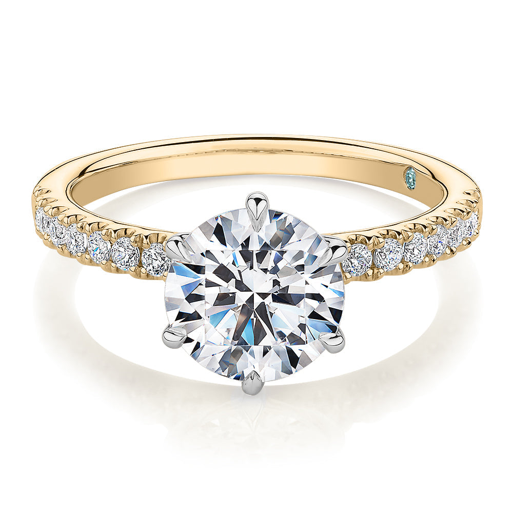 Premium Certified Lab-Grown Diamond 2.22 carat TW round brilliant shouldered engagement ring in 14 carat yellow and white gold