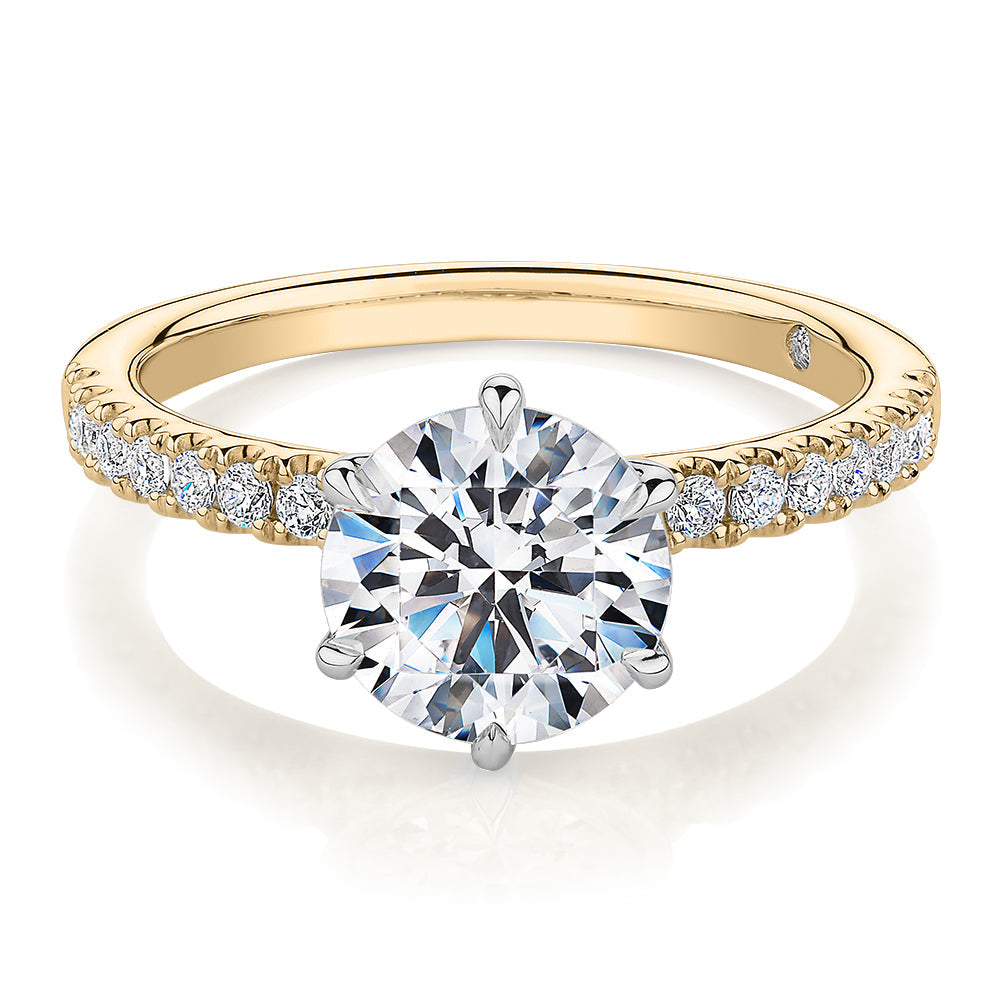Signature Simulant Diamond 2.22 carat* TW round brilliant shouldered engagement ring in 10 carat yellow and white gold
