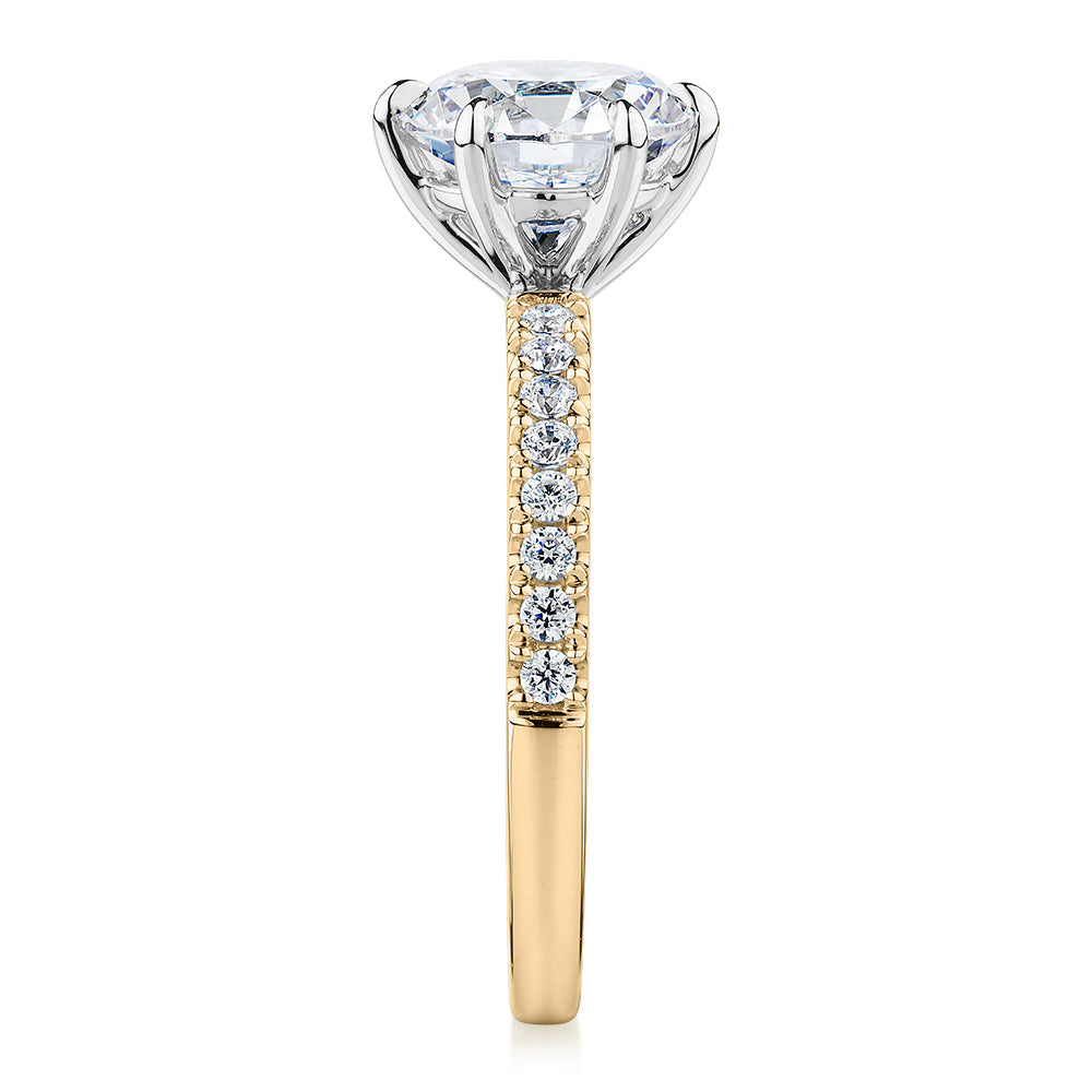 Signature Simulant Diamond 2.22 carat* TW round brilliant shouldered engagement ring in 10 carat yellow and white gold