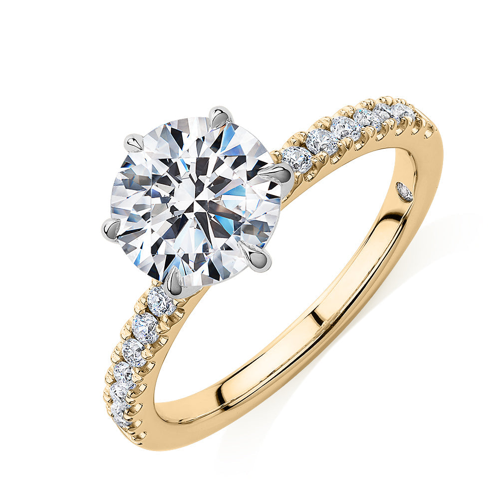 Signature Simulant Diamond 2.22 carat* TW round brilliant shouldered engagement ring in 10 carat yellow and white gold