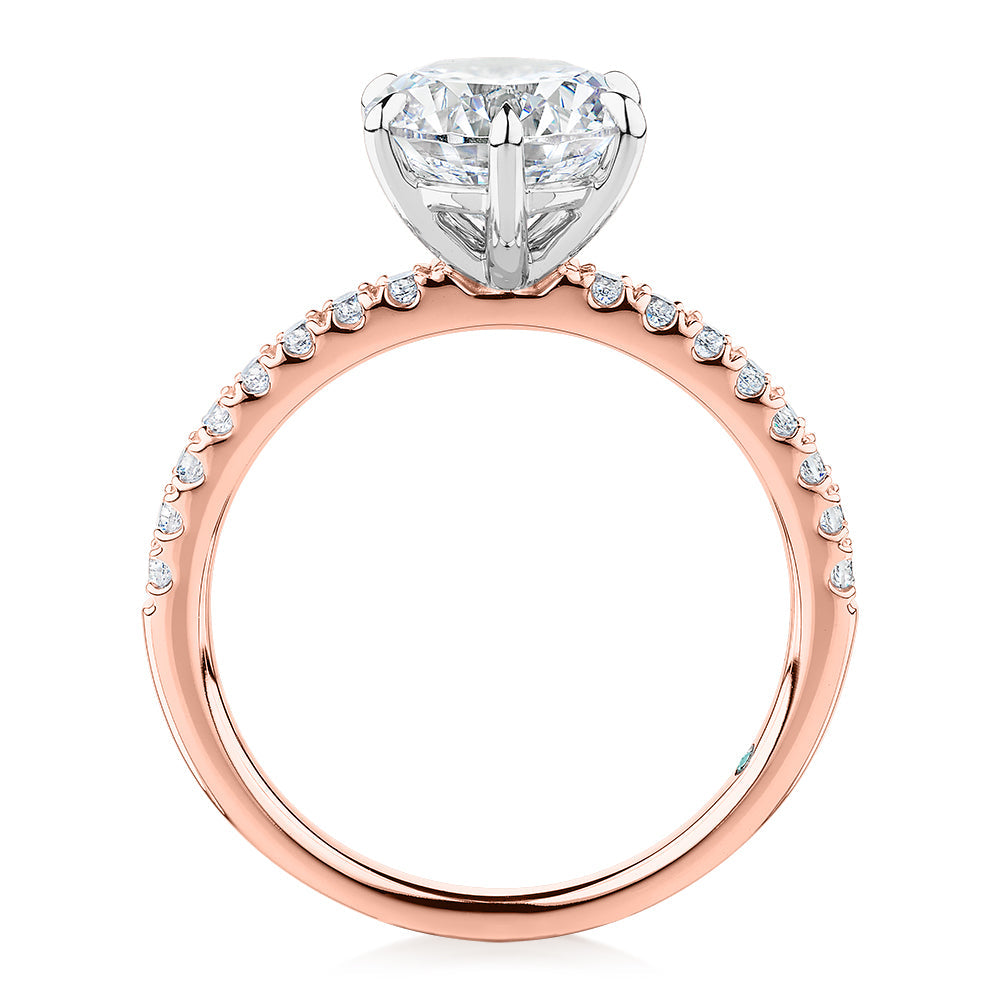 Premium Certified Lab-Grown Diamond 2.22 carat TW round brilliant shouldered engagement ring in 14 carat rose and white gold