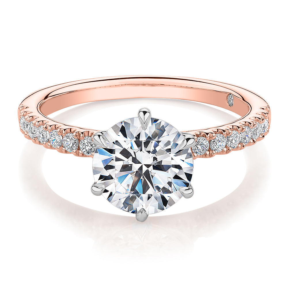 Signature Simulant Diamond 2.22 carat* TW round brilliant shouldered engagement ring in 10 carat rose and white gold