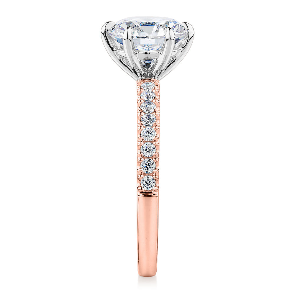 Signature Simulant Diamond 2.22 carat* TW round brilliant shouldered engagement ring in 10 carat rose and white gold