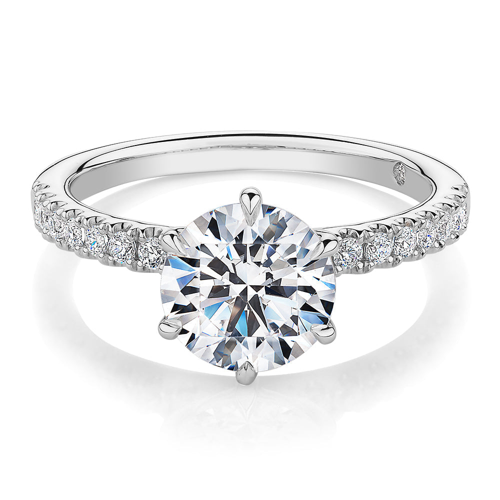 Signature Simulant Diamond 2.22 carat* TW round brilliant shouldered engagement ring in 10 carat white gold