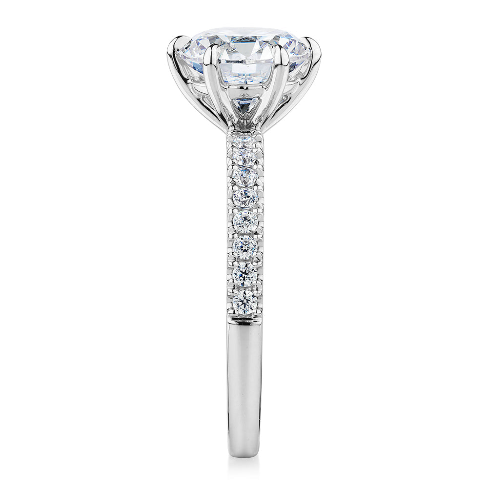Signature Simulant Diamond 2.22 carat* TW round brilliant shouldered engagement ring in 10 carat white gold
