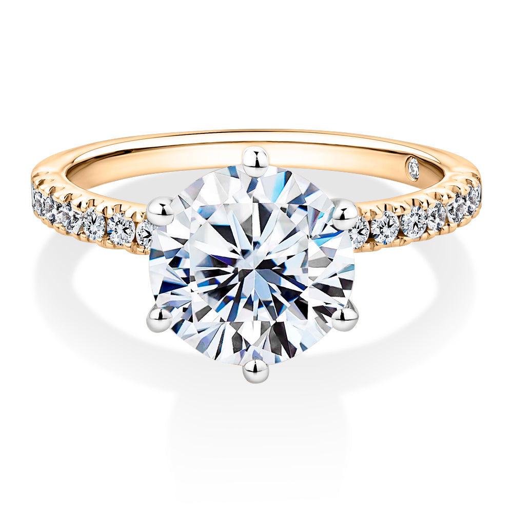 Lab-Grown Simulant, 3.22 carat*TW round brilliant shouldered solitaire engagement ring in 10 carat yellow and white gold