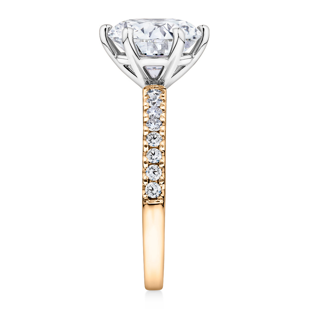 Lab-Grown Simulant, 3.22 carat*TW round brilliant shouldered solitaire engagement ring in 10 carat yellow and white gold