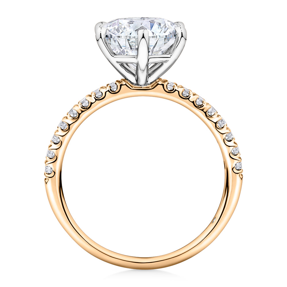 Lab-Grown Simulant, 3.22 carat*TW round brilliant shouldered solitaire engagement ring in 10 carat yellow and white gold