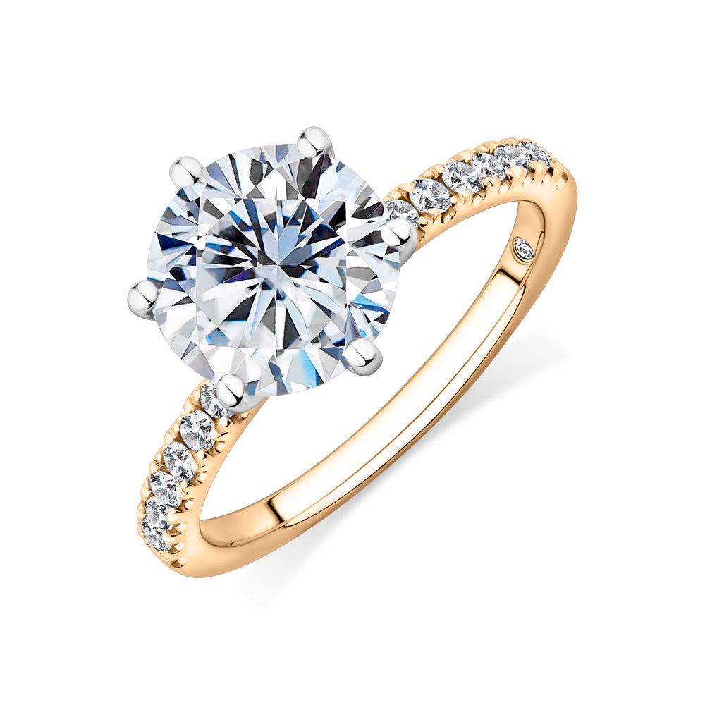 Lab-Grown Simulant, 3.22 carat*TW round brilliant shouldered solitaire engagement ring in 10 carat yellow and white gold