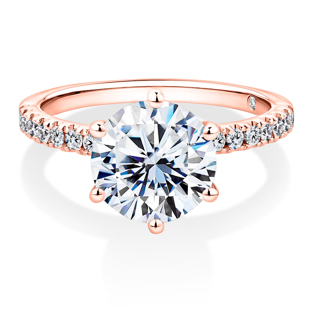 Lab-Grown Simulant, 3.22 carat*TW round brilliant shouldered solitaire engagement ring in 10 carat rose gold