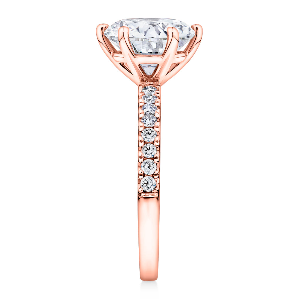 Lab-Grown Simulant, 3.22 carat*TW round brilliant shouldered solitaire engagement ring in 10 carat rose gold