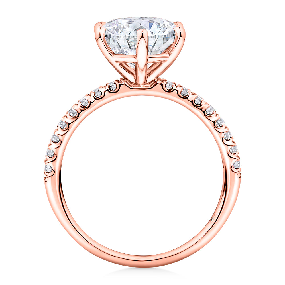 Lab-Grown Simulant, 3.22 carat*TW round brilliant shouldered solitaire engagement ring in 10 carat rose gold