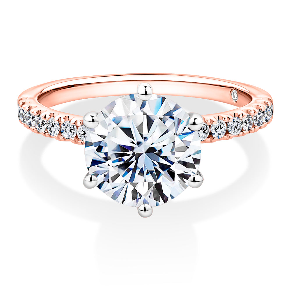 Lab-Grown Simulant, 3.22 carat*TW round brilliant shouldered solitaire engagement ring in 10 carat rose and white gold