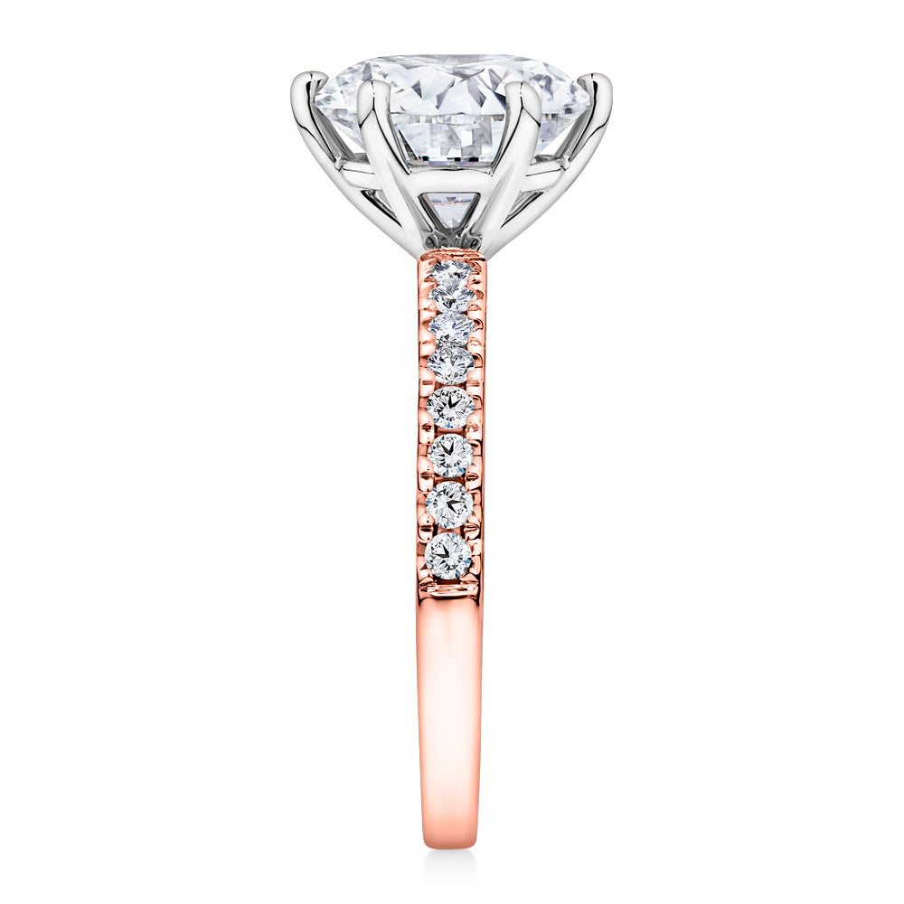 Lab-Grown Simulant, 3.22 carat*TW round brilliant shouldered solitaire engagement ring in 10 carat rose and white gold