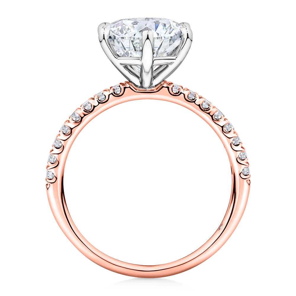Lab-Grown Simulant, 3.22 carat*TW round brilliant shouldered solitaire engagement ring in 10 carat rose and white gold